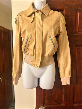 Women's Tan Leather Bomber Jacket Like New